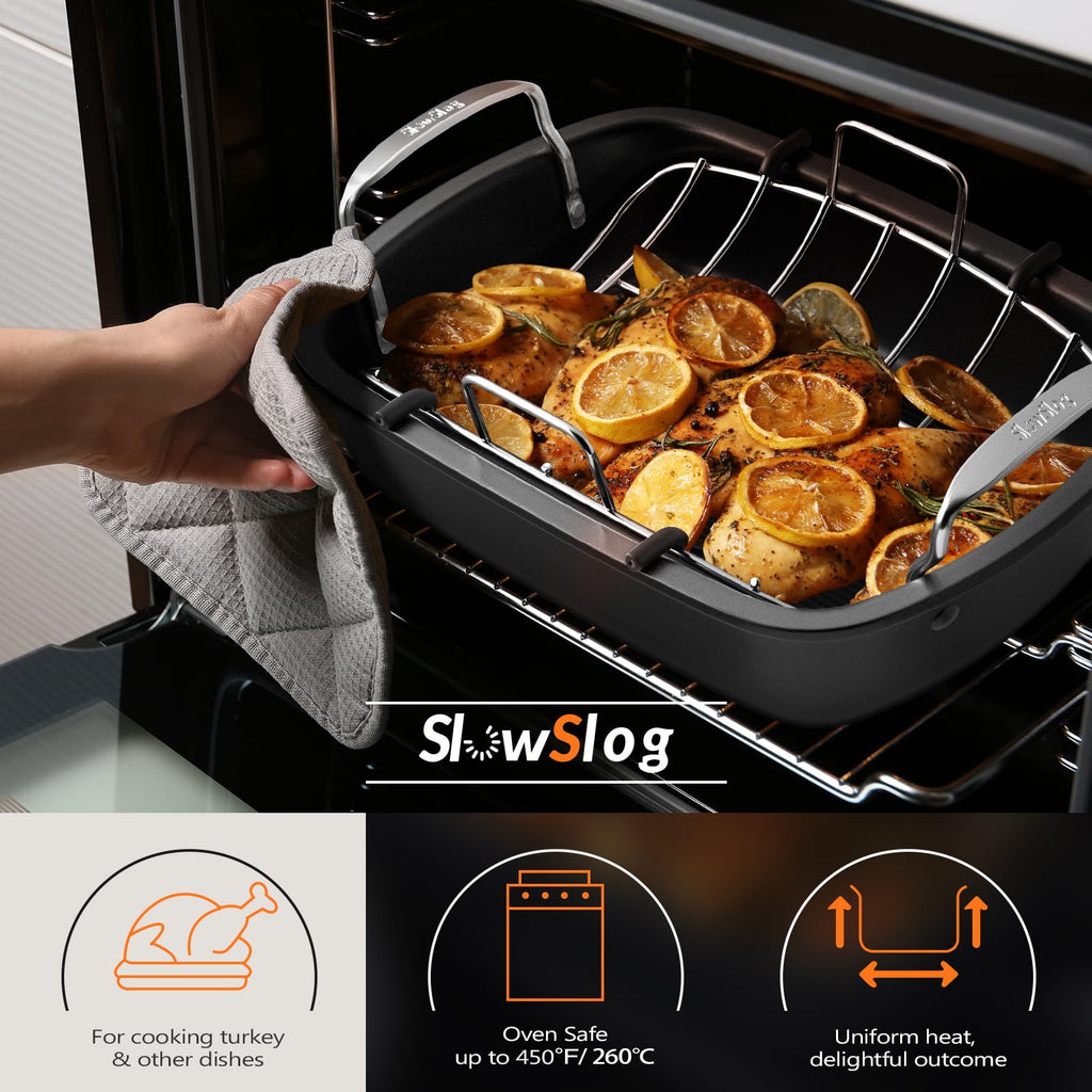 Turkey Roasting Pan, 17x13 Inch Roaster Pan for Turkey, Black&Silver