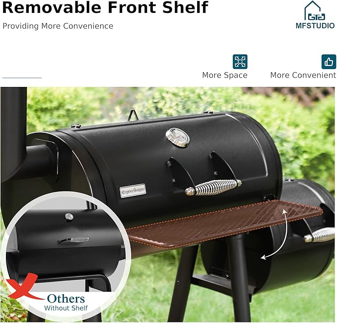 MFSTUDIO Barrel Charcoal Grill w/Offset Smoker w/ 512 SQ.IN. Cooking Area