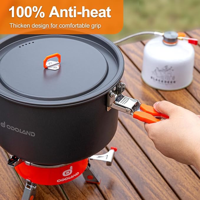Odoland Camping Cookware Mess Kit, 4-Piece Set with Pot, Fry Pan, Kettle, and Mesh Bag, Aluminum, Black, Compact, for 3-4 People, Outdoor Cooking and Picnic