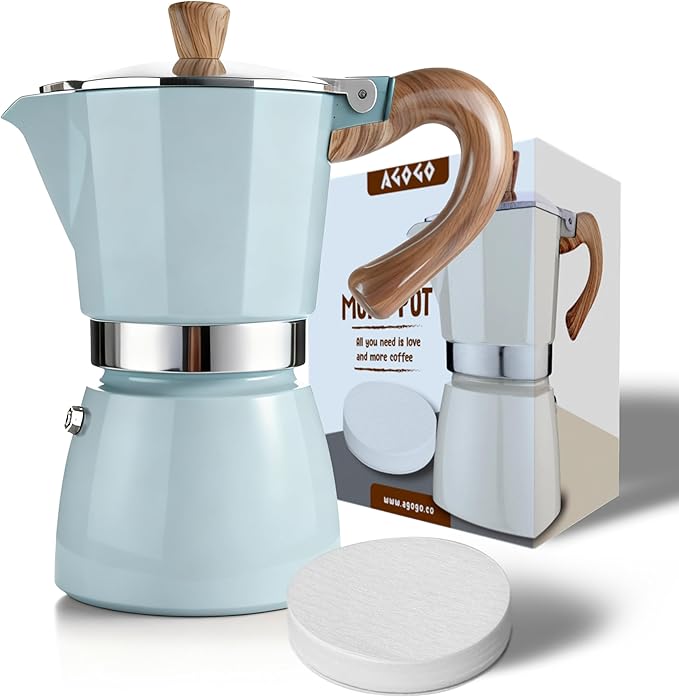 AGOGO Moka Pot Stovetop Espresso Set & Cuban Coffee Maker 6-Cup/300ml Blue