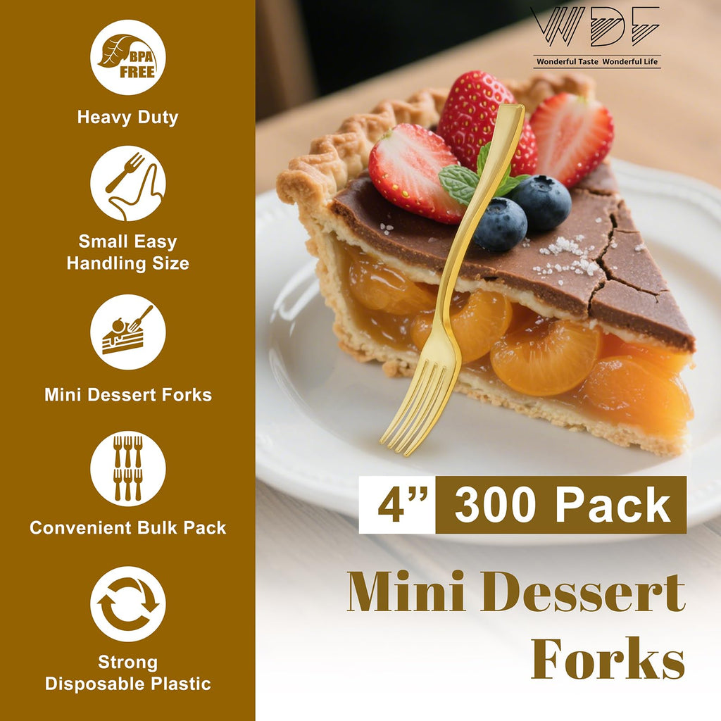 WDF Disposable Plastic Mini Forks 300 Pieces 4 Inches | Mini Gold Forks | Plastic Dessert Forks | Perfect for Small Appetizers and Desserts for Wedding/Party/Birthday