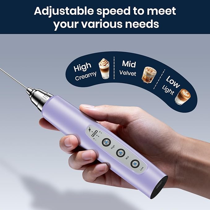 Milk Frother Wand Rechargeable Handheld Electric Whisk 3 Speed Adjustable