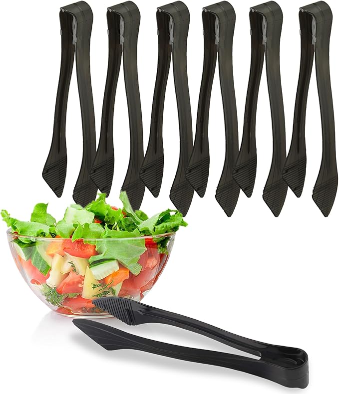 PARTY BARGAINS 8.5″ Black Plastic Serving Tongs 6-Pack – Heavy-Duty Disposable & Reusable Kitchen Tongs for Parties BBQ Buffet Salad Appetizers Catering