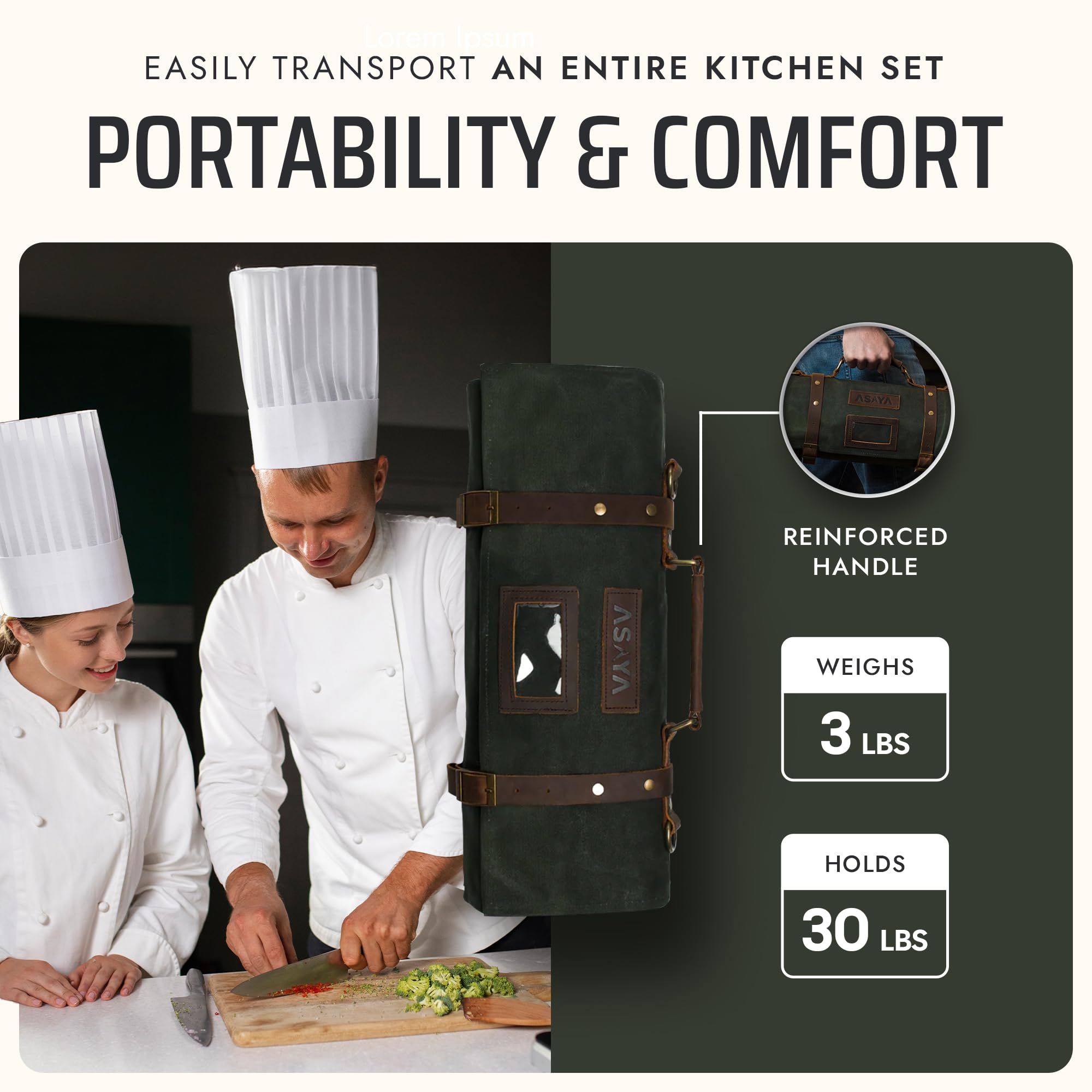 Asaya Waxed Canvas Knife Roll Bag - 15-Slot Chef Knife Bag with Leather Straps, Large Zippered Pocket and Card Holder - Carrying Case for Chefs and Culinary Students – Knives Not Included (Green)