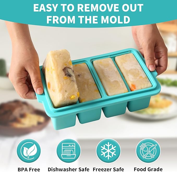 EuChoiz 2 Pack Silicone Freezer Tray Cubes 2 Cup with Date Mark Lids for Freezing Food Leftovers Sauces Portion and Lasagna Broth, Soup Freezer Molds for Meal Prepping Thick Enough