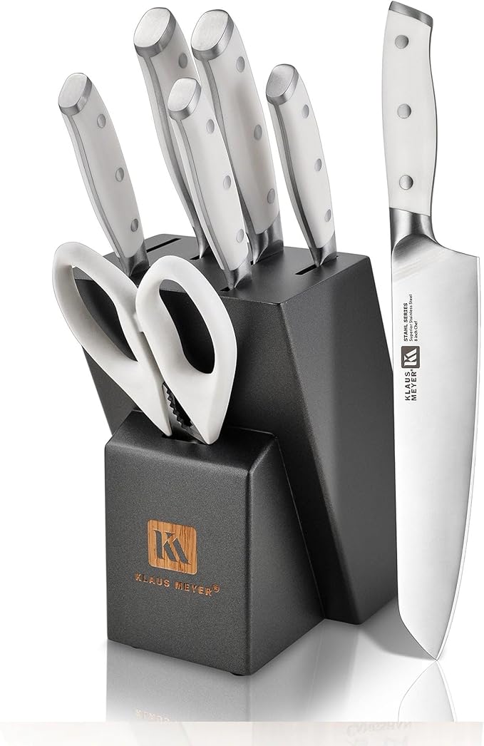Klaus Meyer Stahl 8-Piece German Steel Kitchen Knife Block Set (White)