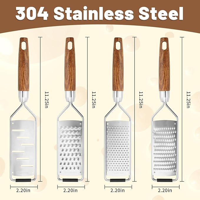 SHIKORI Stainless Steel Cheese Grater with Natural Wood Handle with a Brush