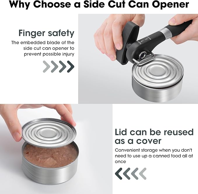 Beneno Can Opener, Manual Side Safe Cut Can Opener Smooth Edge, Black