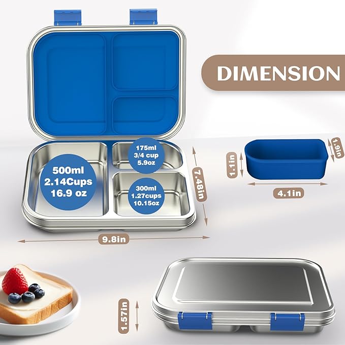 BABHAMNESS Stainless Steel Bento Box Kids, 3 Compartments Leak Proof Metal Bento Lunch Box, 304 Stainless Steel Bento Lunch Containers for School and Office,Dishwasher Safe, BPA-Free-Blue