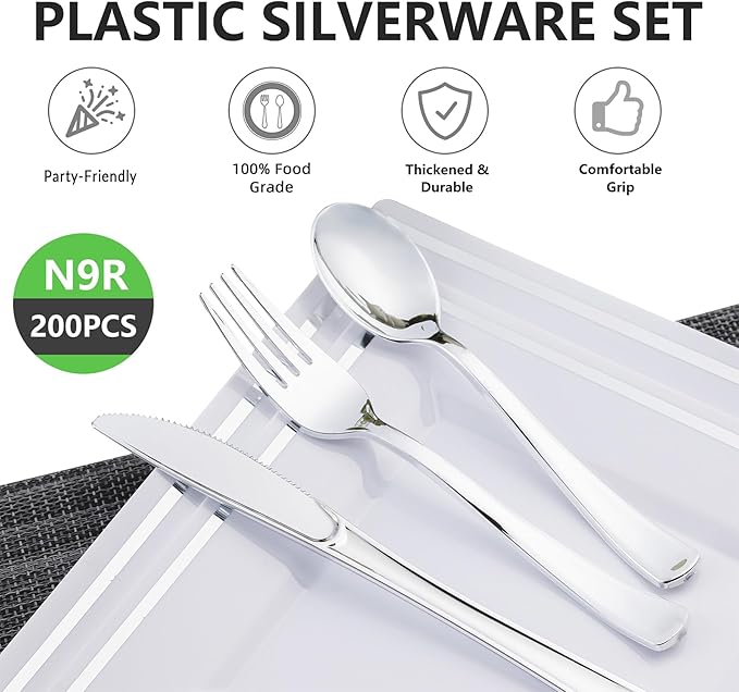 N9R 200PCS Silver Plastic Silverware, Disposable Utensils & Cutlery