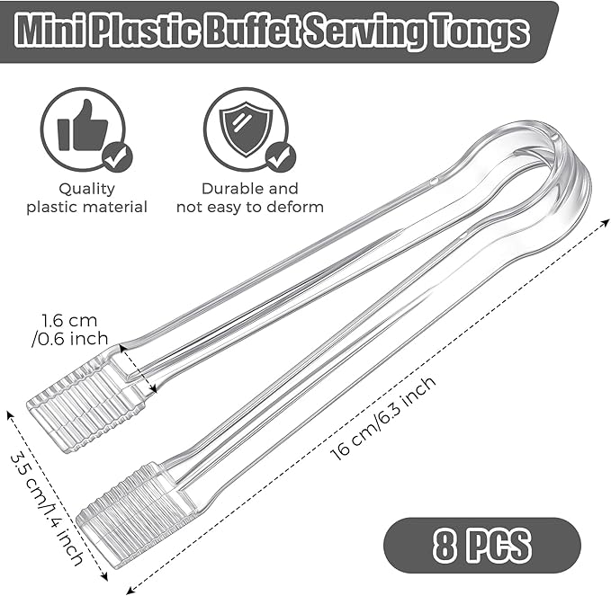 Didaey 8-Piece Plastic Tongs - Clear Mini Serving Utensils, 6.3 Inch Small Tongs for Food, Ice, Salad, Buffet, Weddings, Barbecue Party