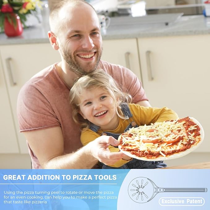 Pizza Turning Peel, 8-inch Pizza Peel Turner Spinner with Non-Slip Long Handle & Silicone Hanging Hook, Essential Pizza Oven Accessories for Outdoor & Indoor Baking, Even Crispy Crust Every Time
