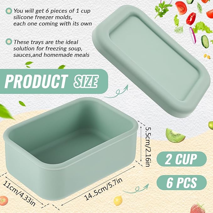 Teenyyou 6 Packs 2 Cup Silicone Soup Freezer Molds with Lid Silicone Soup Freezer Trays Rectangle Reusable Food Preserving Tray Freezing Sauces Stews(Sage Green, Beige)