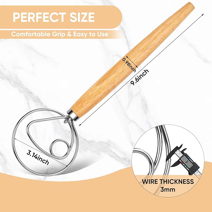 Maxjoy Danish Dough Whisk, Stainless Steel Wooden Bread Tool for Sourdough