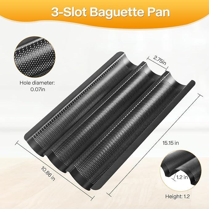 Barlket Baguette Bread Pan Kit, Perforated Nonstick 3 Loaf Bread Pan, Black