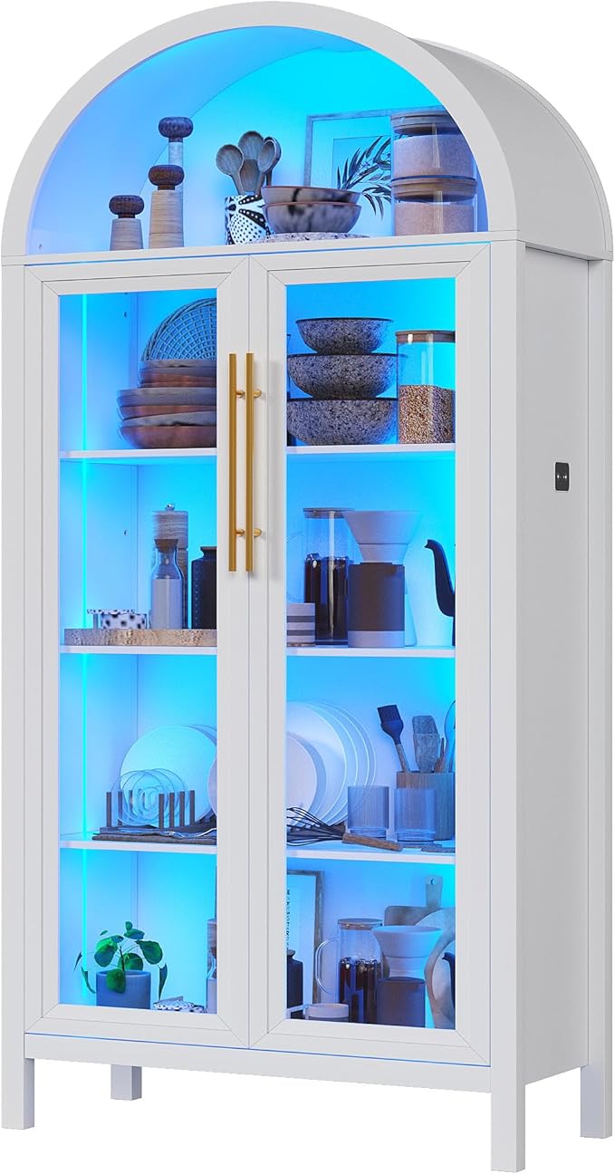 Dystler Arched Kitchen Pantry Cabinet with Glass Doors, Display Curio Case with 3 Color LED Lights for Collectibles, Modern 5-Tier Storage Hutch Cabinet, White
