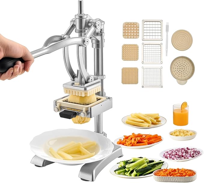 VEVOR French Fry Cutter, Ergonomic Potato Slicer with 3 Blades (1/2", 3/8", 1/4") & Juicer Plate, Easy-Replace Vegetable Chopper Dicer for Carrot, Onion, Lemon, Ideal for Home & Commercial Kitchens