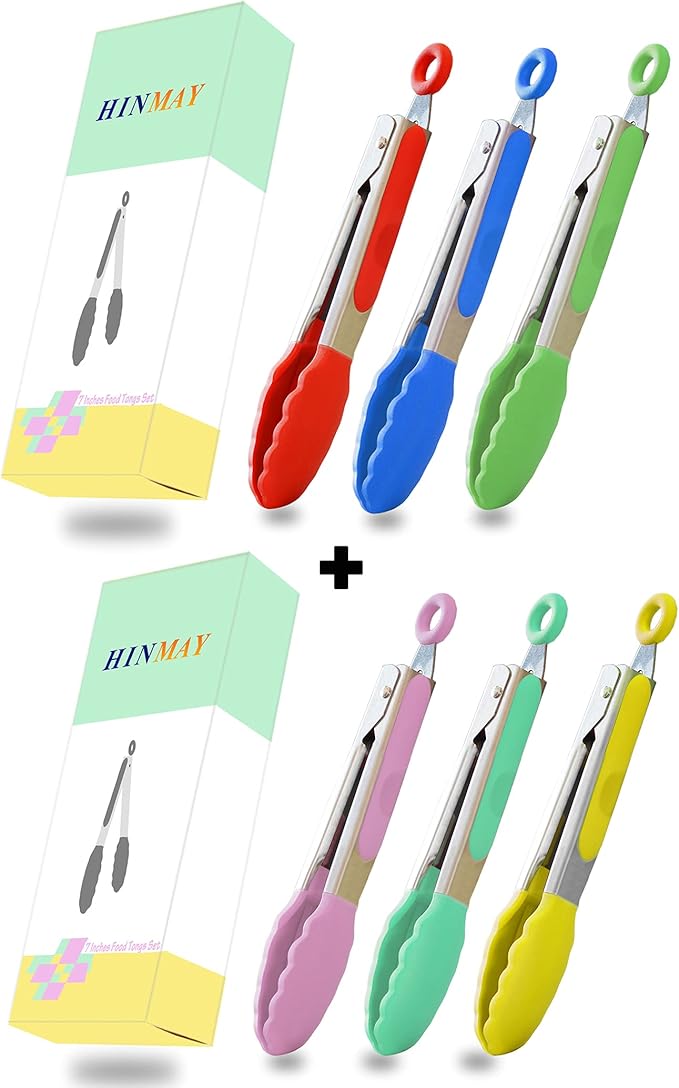 HINMAY Small Tongs Set 7-Inch Mini Tongs with Silicone Tips, Set of 6 (Red Blue Green Pink Mint Yellow)