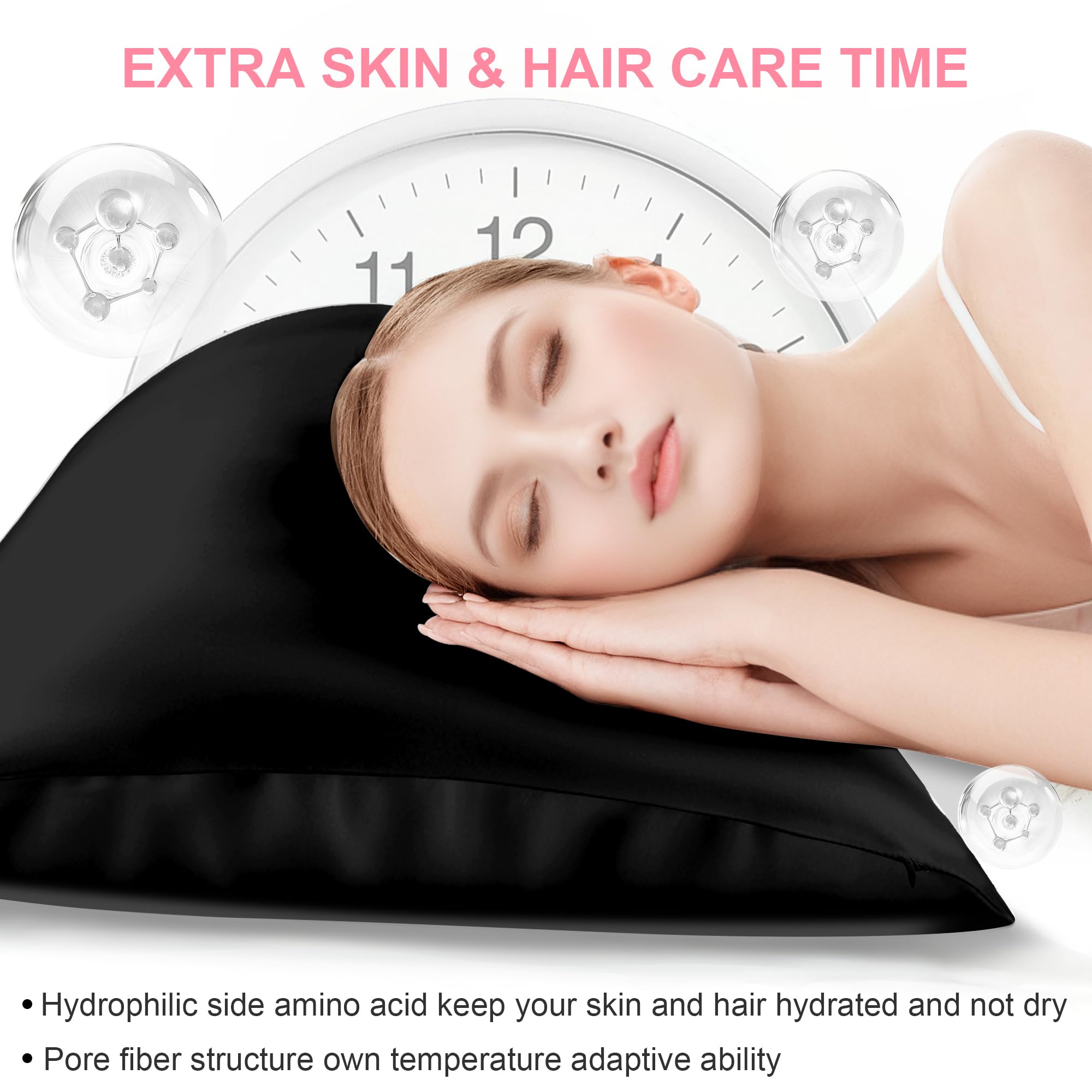 Silk Pillow Cases 2 Pack King Size with Hidden Zipper, Mulberry Silk Pillowcase for Hair and Skin, Smooth and Soft Breathable Cooling Silk Satin Pillowcase Set of 2, Gifts for Women，Black