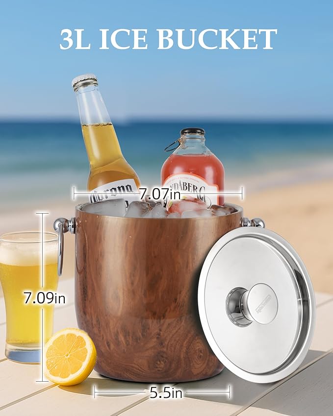 Golden Cudgel Insulated Ice Bucket, 3L Double Wall Stainless Steel Ice Bucket with Tongs,Lid, Scoop and Strainer, Ice Buckets for Parties,Cocktail Bars, Chilling Beer, Champagne, Wine Bottles,Wood