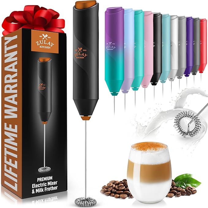 Zulay Kitchen Powerful Milk Frother Wand - Handheld Stainless Steel - Battery Operated Drink Mixer for Coffee, Lattes, Cappuccino, Matcha - Froth Mate Frother Gift - Alpha Black Copper