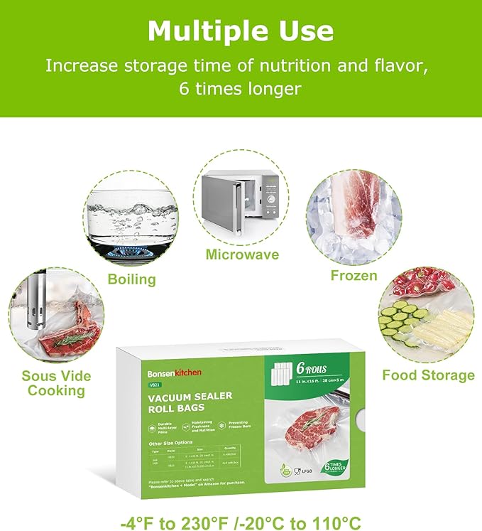 Bonsenkitchen 6 Rolls 11" x 16' Vacuum Sealer Bags for Food with Color Box
