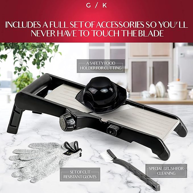 Gramercy Adjustable Mandoline Slicer for Kitchen, Potato Cutter, Vegetable Chopper, Mandolin, Cucumber Slicer- INCLUDING One Pair Cut-Resistant Gloves and Waffle Fry Cutter