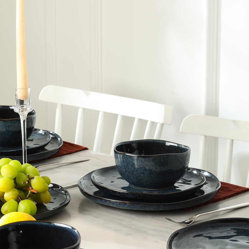 Stone Lain Mirella 24-Piece Stoneware Dinnerware Set, Service for 8 – Reactive Glaze, Deep Blue – Includes Dinner Plates, Salad Plates, and Bowls – Modern Organic Design