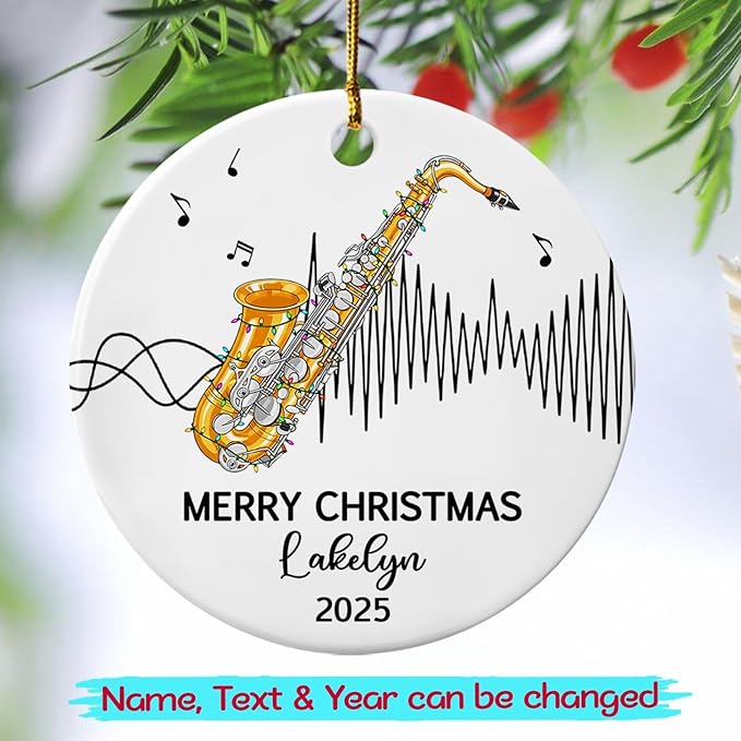 Personalized Saxophone Player Ceramic Christmas Ornament 2026, Customized Text Year Name Saxophonist Hanging Xmas Ornaments Gift, Unique Saxophone Instrument Ceramic Ornament for Women Men DDA Mom