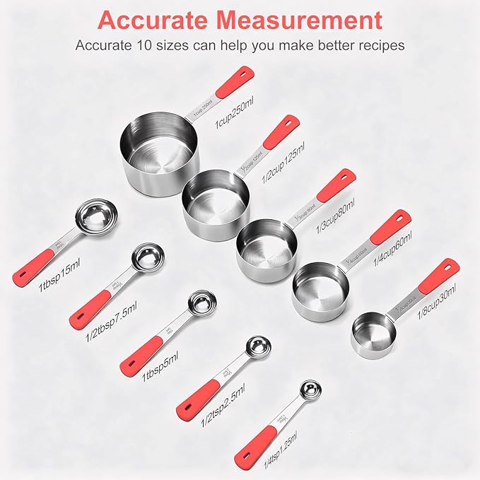 Bopei Measuring Cups and Spoons Set Stainless Steel 10 Piece for Cooking and Baking (5 Cups + 5 Spoons, Red Handle)