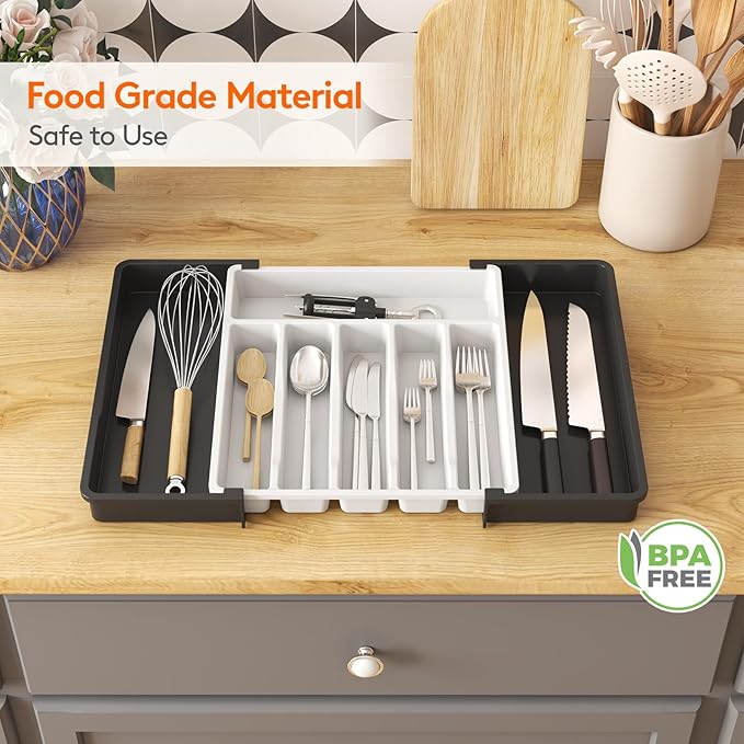 Lifewit Extra Large Silverware Drawer Organizer, Expandable Utensil Tray for Kitchen, BPA Free Flatware Cutlery Holder, Adjustable Plastic Storage for Spoons Forks Knives, 13-22 x 15, White&Black