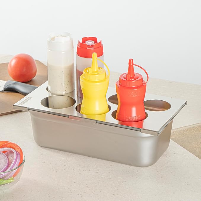 Restaurantware Squeeze Bottle Holder - 1 Count 12.795 x 7.087 x 0.394 Inches Stainless Steel Condiment Organizer - Durable Seven-Hole Pan Top Holder - Silver