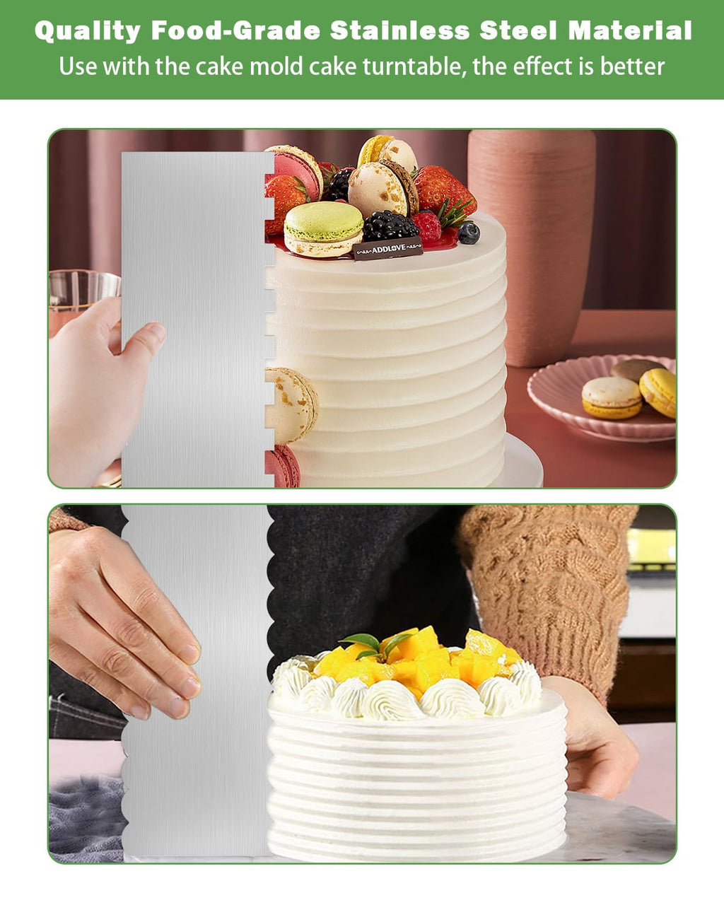 PROKITCHEN 2PCS Stainless Steel Cake Scraper Set, Metal Cake Scraper with Dual Edge Designs, Cake Smoother for Icing & Cake Frosting Smoother, Icing Smoother Baking Tools for Cake Decorating