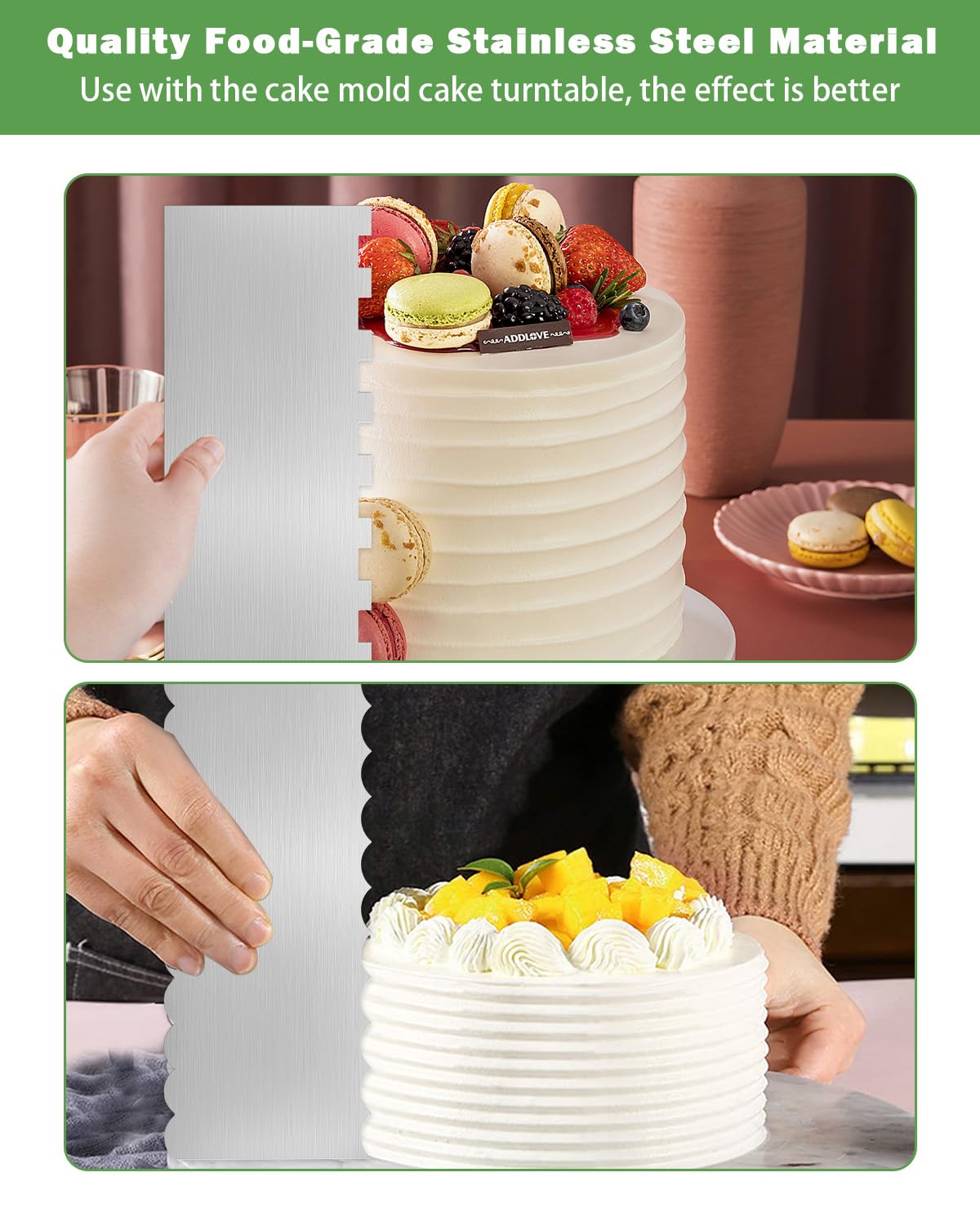 PROKITCHEN 2PCS Stainless Steel Cake Scraper Set, Metal Cake Scraper with Dual Edge Designs, Cake Smoother for Icing & Cake Frosting Smoother, Icing Smoother Baking Tools for Cake Decorating