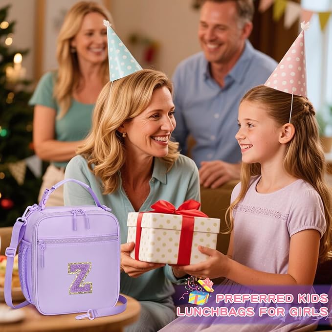 CLOUDWINGS Initial Insulated Lunch Bag for Girls Kids, Back to School Gift, Reusable Leak-proof Lunch Box with Adjustable Strap for School Daycare Travel Picnic (Purple,Z)