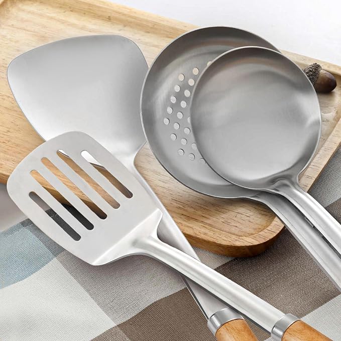 Pleafind 4-Pcs Cooking Utensils Set, Stainless Steel Kitchen Utensils with Wooden Handle, Kitchen Essentials Set Include Wok Ladle, Slotted Spoon, Wok Spatula and Slotted Spatula, Dishwasher Safe