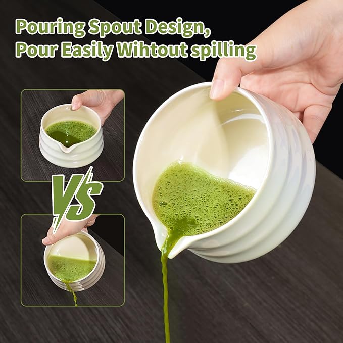 ROMROC 8PCS Matcha Whisk Set, Ceramic Matcha Kit Set Whisk and Bowl (White)