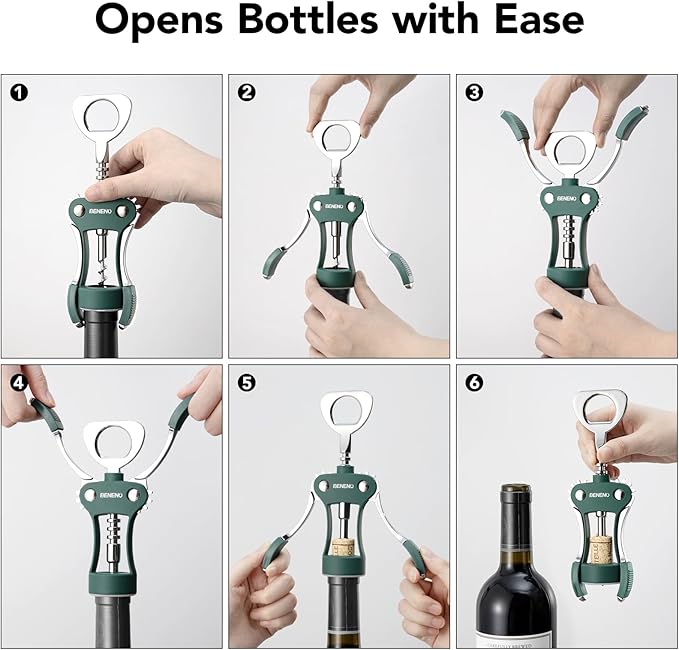Beneno Premium Wing Corkscrew Wine Opener and Bottle Opener, Dark Green