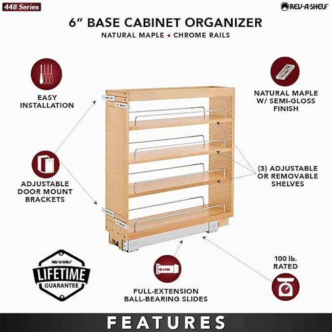 Rev-A-Shelf Maple Pullout Organizer for Full Height Base Cabinets, Full Extension Slides & Adjustable Shelves, Min Opening Width of 7", 448-BC-6C