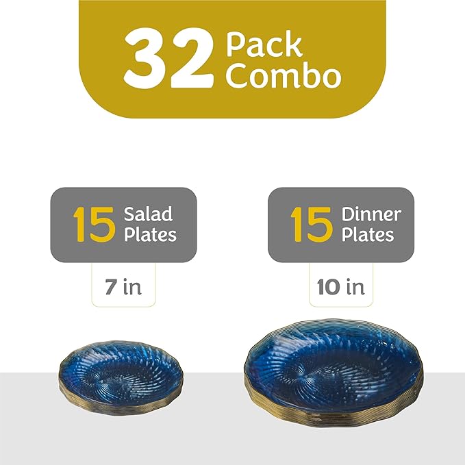 PLASTICPRO 30 Pack Plastic Plates Set of 15-10 inch Plate and 15-7 inch Plates, Elegant Clear Blue Spiral and Gold Rim Disposable Fancy Plate Premium Heavyweight