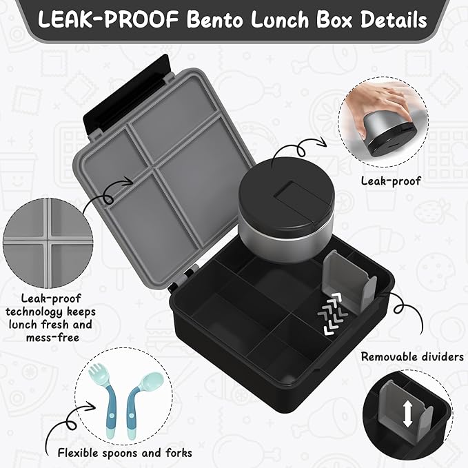 LOHASOK Bento Lunch Box for Kids with 8oz Soup Thermo, Black