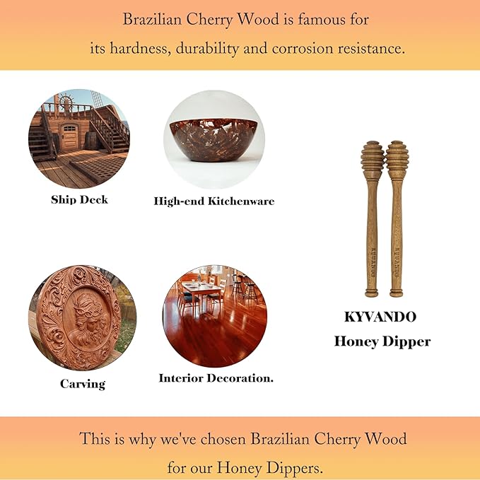 KYVANDO Brazilian Cherry Wood Honey Dipper - Durable & Warp-Resistant, Preserves Honey Purity, 2pcs, 6.3 Inch