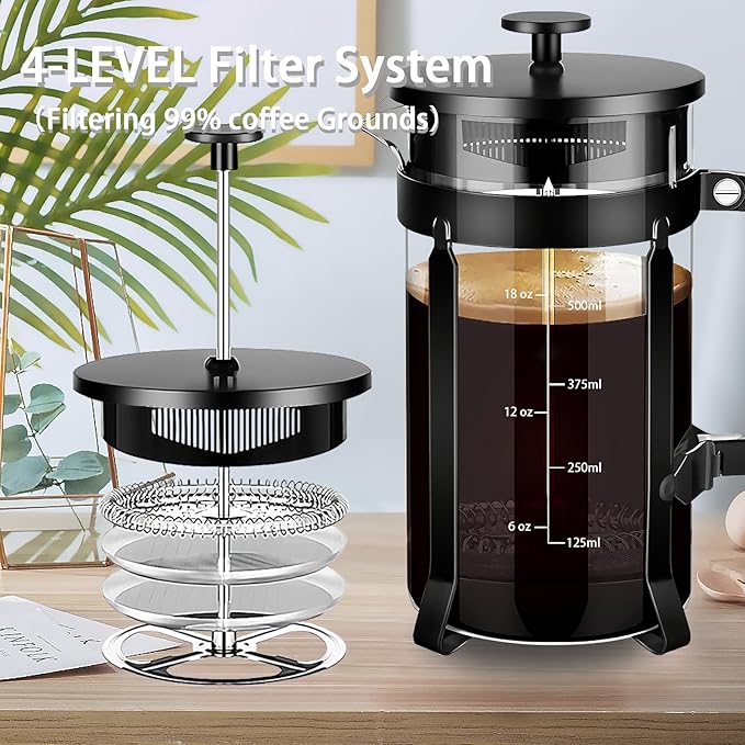 YMMIND French Press Coffee Maker 304 Stainless Steel Coffee Press,with 4 Filters System, Heat Resistant Thickness Borosilicate French Press Glass, BPA-Free Brewed Tea Pot Coffee Plunger(Copper 12oz)