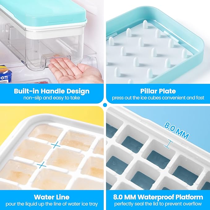 PHINOX Ice Cube Tray with Lid and Bin, Easy Release 56 Cubes for Freezer