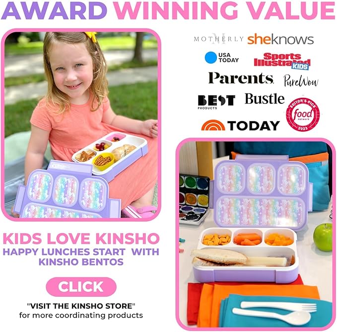 kinsho Bento Lunch Box with Insulated Bag, Ice Pack and Accessories for Girls. Snack Containers with 4 Compartment Dividers for Toddlers Pre-School Daycare BPA Free Set, Utensils, Rainbow Unicorn