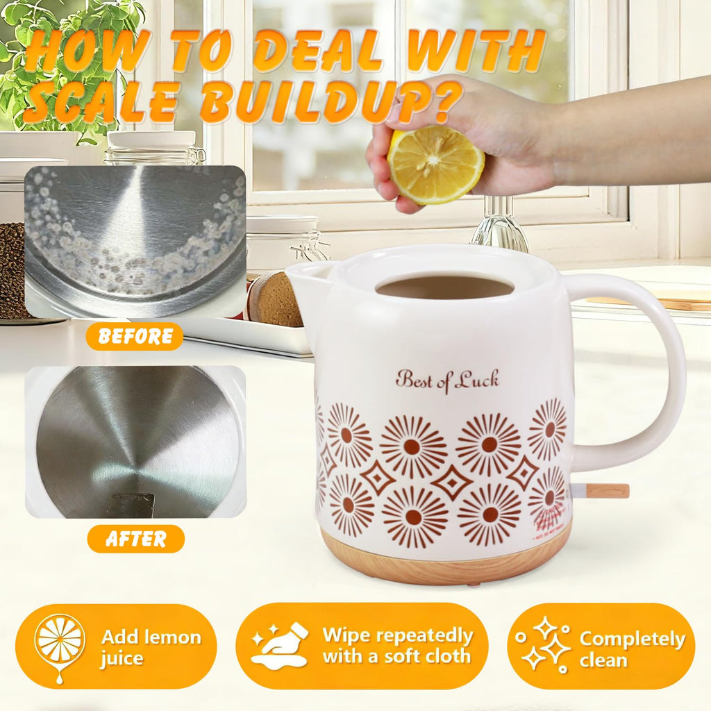 LONGSEED 1 Quart Ceramic Electric Kettle, 1000W Fast Boil Retro Tea Pot with Auto Shut-Off & Boil-Dry Protection, Floral Porcelain Hot Water Boiler with LED Light for Home & Kitchen