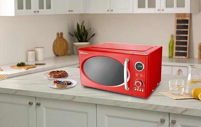 Emerson MWRG0901RD 0.9 Cu. Ft. Retro Microwave with 1,000W Grill Function, 800W Cooking Power, LED Display, 5 Power Levels, 8 Auto Menus, Glass Turntable, Child Lock, Red Countertop Design