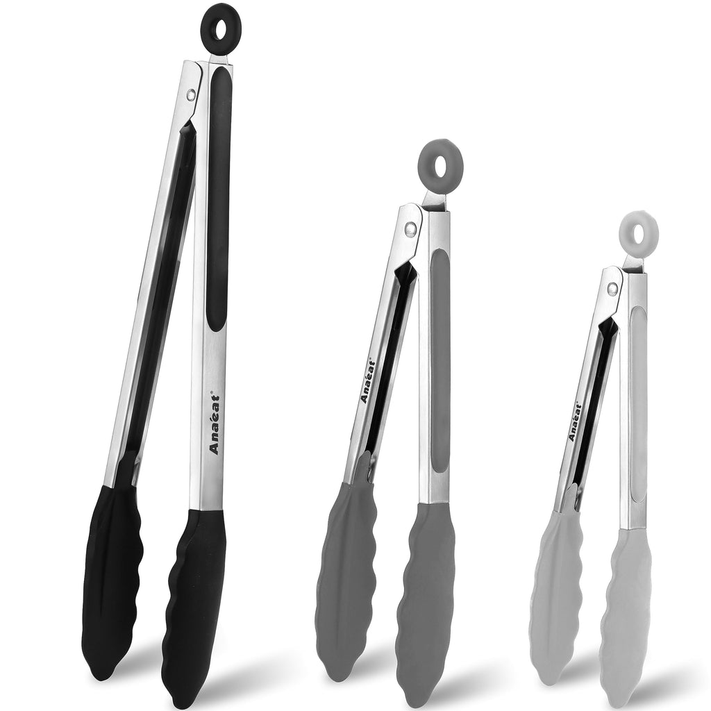 Anaeat Non-Stick Silicone Locking Tong Set of 3 - Stainless Steel 7, 9 and 12 inch Kitchen Food Tongs with Non-Slip Silicone Tips and Grip for Cooking, Baking and BBQ - Heavy Duty & Heat Resistant
