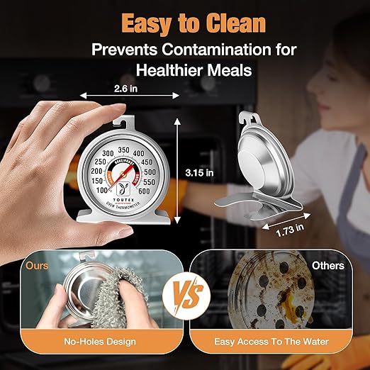 Youtex 2-Pack Oven Thermometer, Upgraded 100-600°F No-Holes Non-Discoloring Easy-to-Clean for Healthier Cooking, Easy-to-Read with Large Bright Numbers for Gas & Electric Ovens, Grills, and Smokers