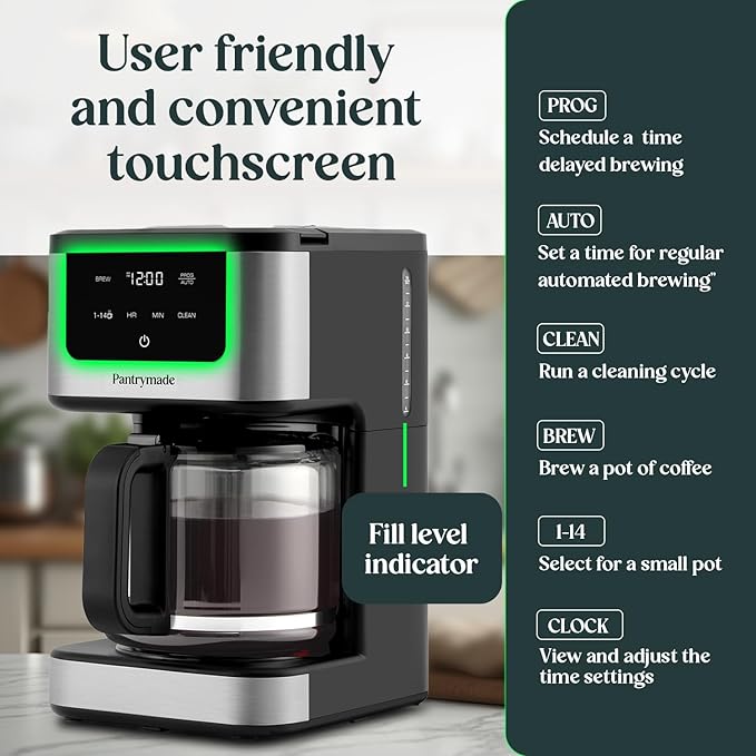 Pantrymade Deluxe 14 Cup Programmable Drip Coffee Maker with Glass Carafe | Large Capacity Coffee Maker 14 Cup with, Auto Shut-Off & Timer | Classic Black